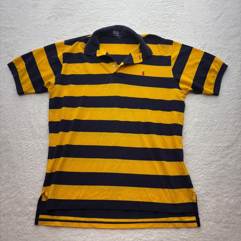 Polo Ralph Lauren Mens Large Yellow Navy Blue Striped Short Sleeve Polo Shirt